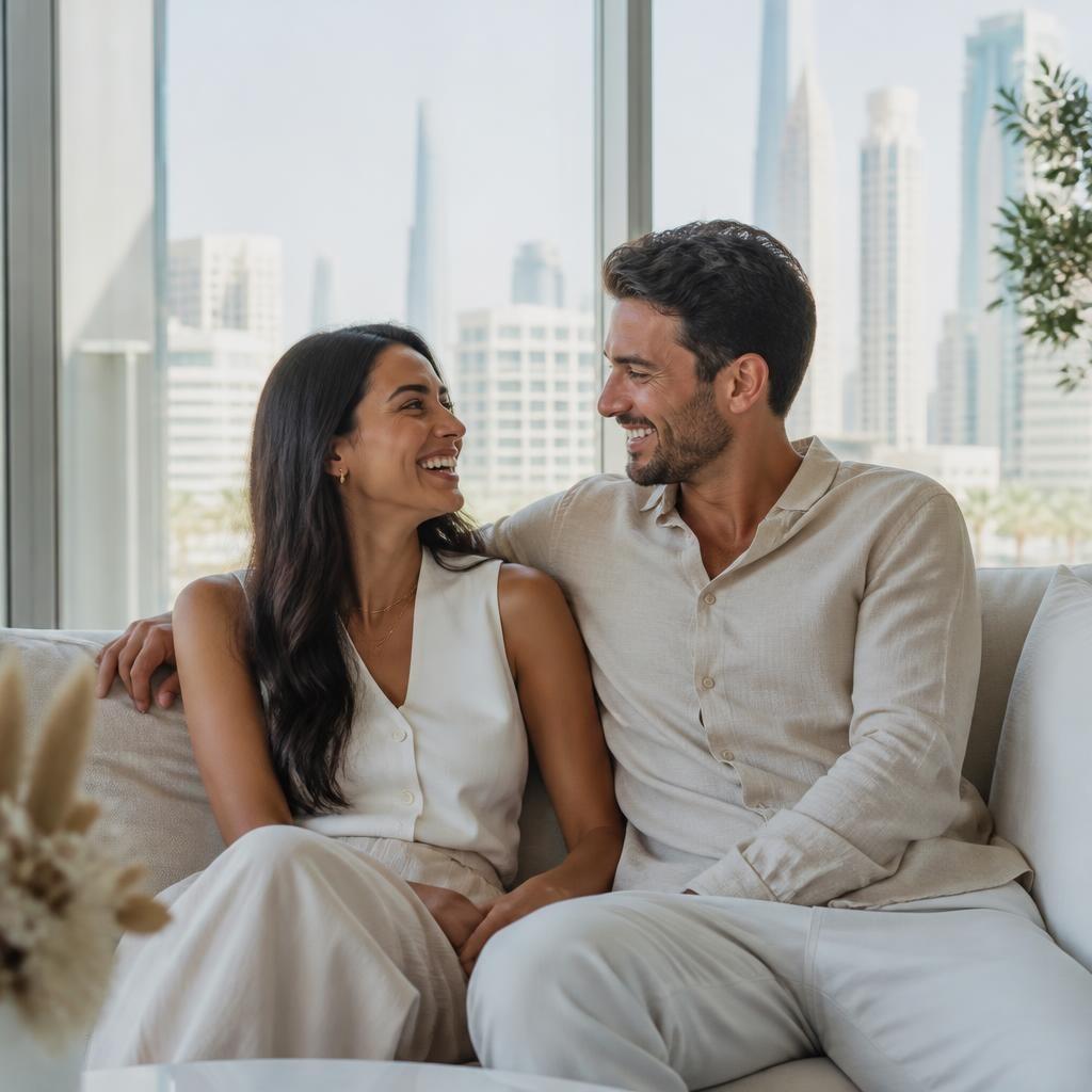 A couple at home in Dubai, the skyline behind them